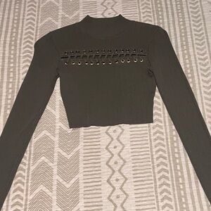 Long sleeve olive, braided, half turtleneck blouse